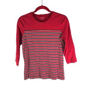 Kim Rogers Red & Black Striped 3/4 Sleeve Cotton Top Crew Neck M